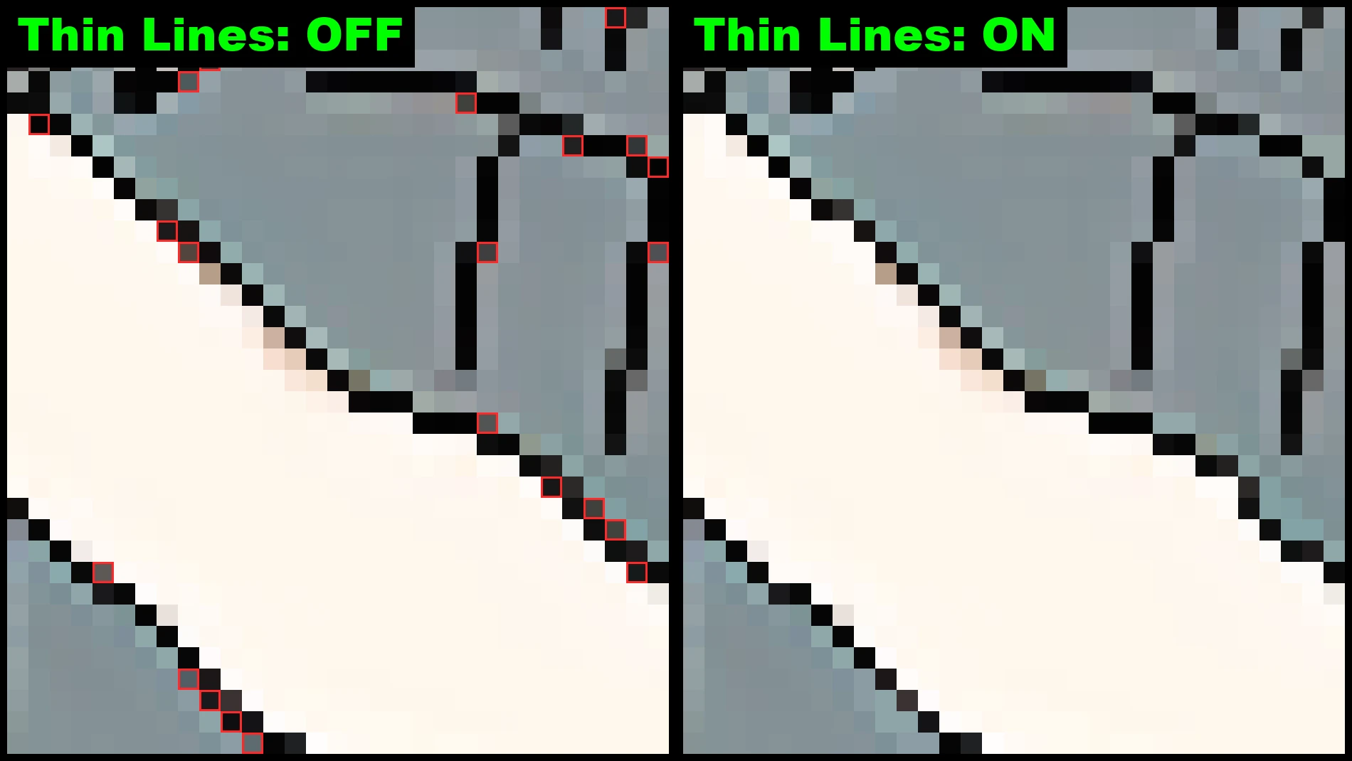 The dots removed by Thin Lines, outlined in red