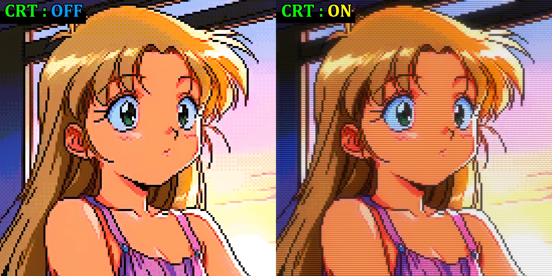 CRT エフェクトのオフとオンの比較（ドットサイズ 7×7）